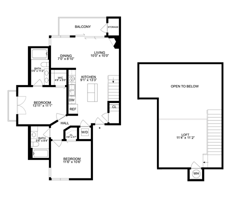 a floor plan of a house with two floors and a staircase
